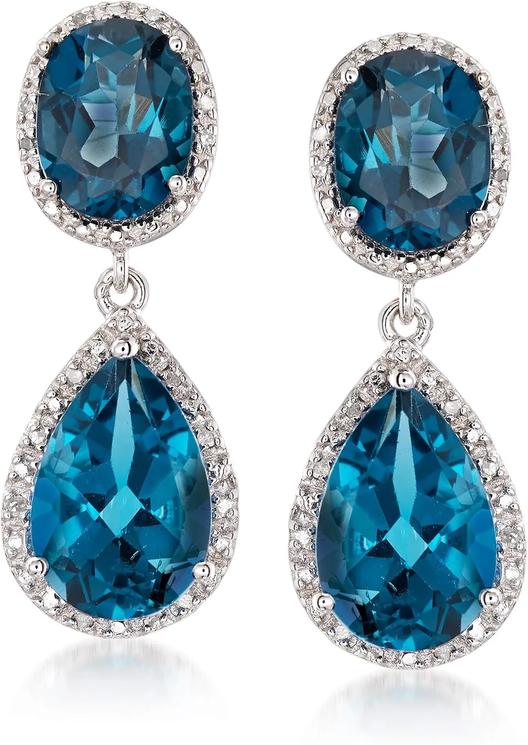 Ross-Simons 11.00 ct. t.w. London Blue Topaz and .14 ct. t.w. Diamond Drop Earrings in Sterling Silver