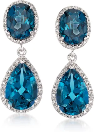 Ross-Simons 11.00 ct. t.w. London Blue Topaz and .14 ct. t.w. Diamond Drop Earrings in Sterling Silver