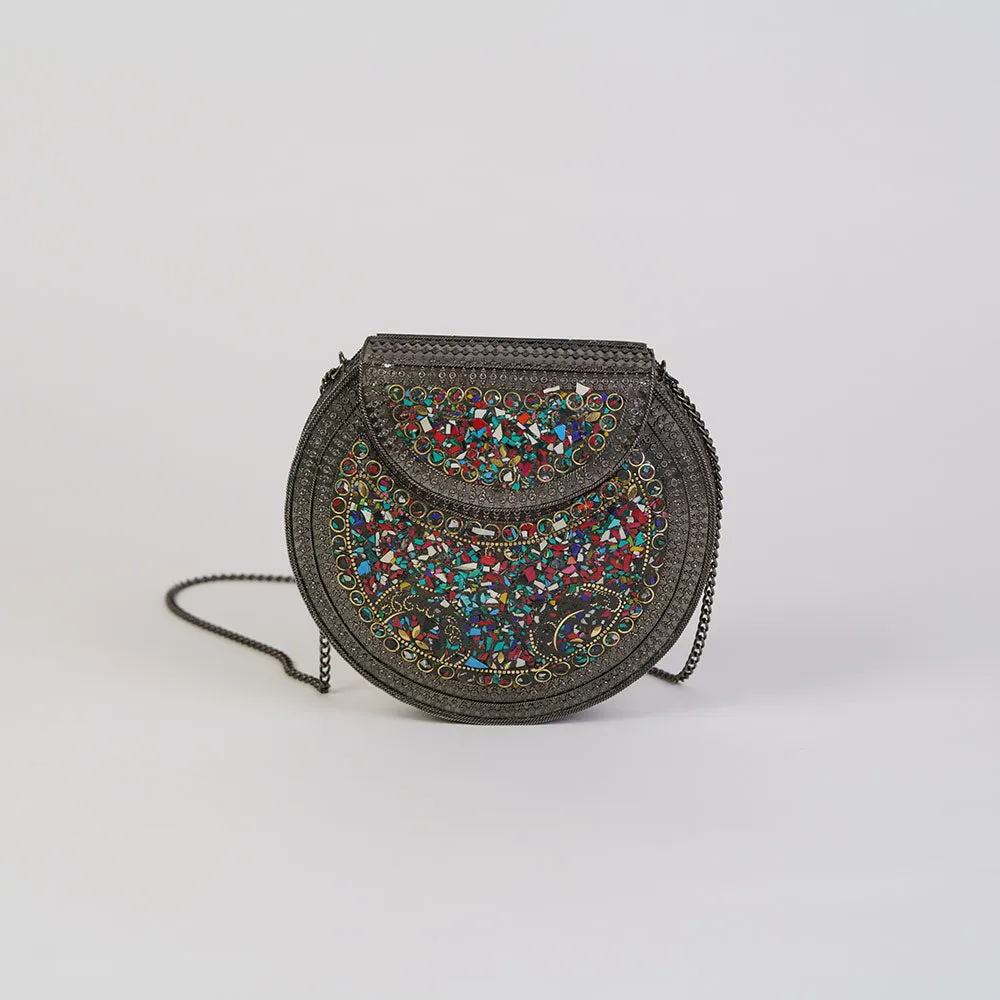 Round Metal Multicolor Big Stone oxodise Bag - with Chain Belt