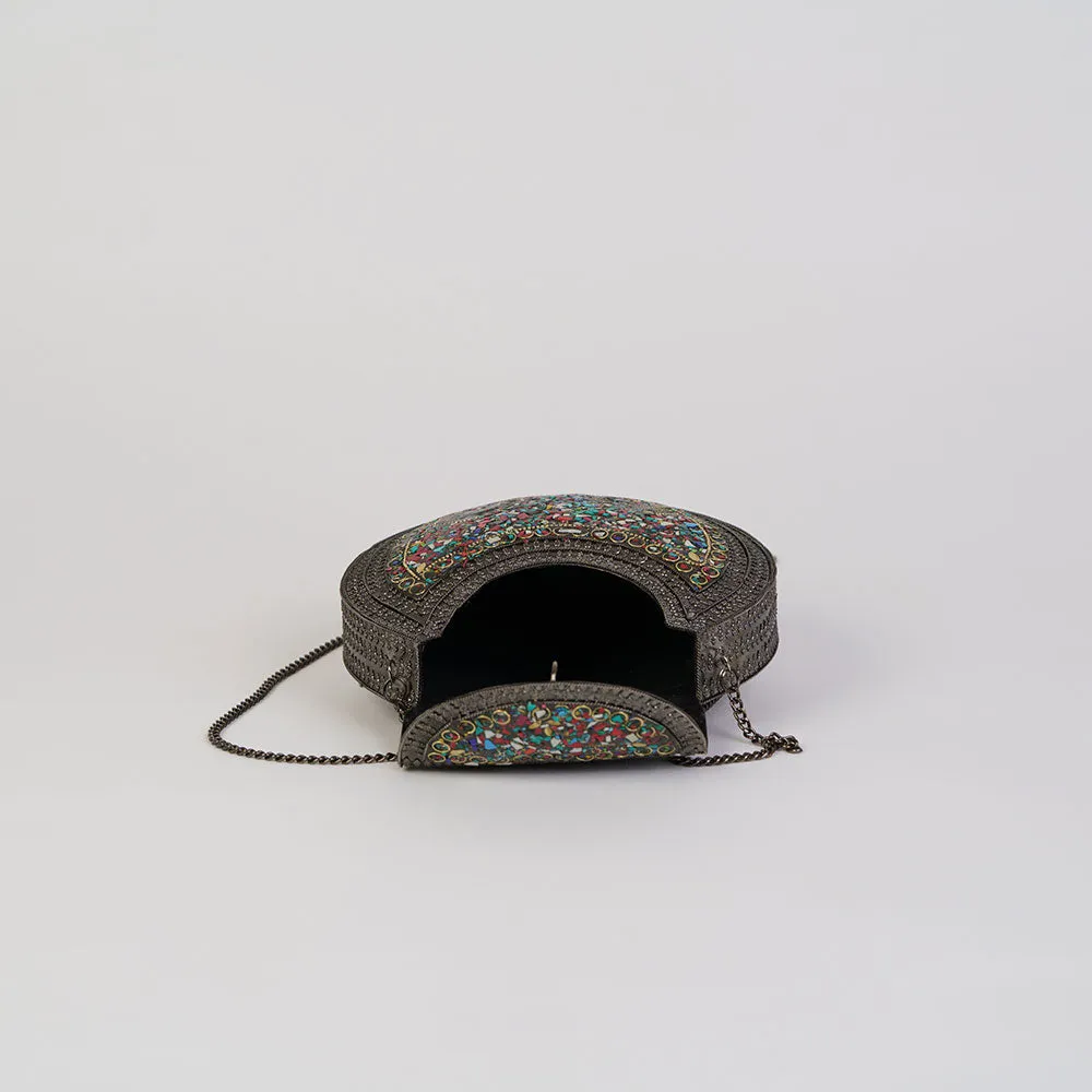 Round Metal Multicolor Big Stone oxodise Bag - with Chain Belt