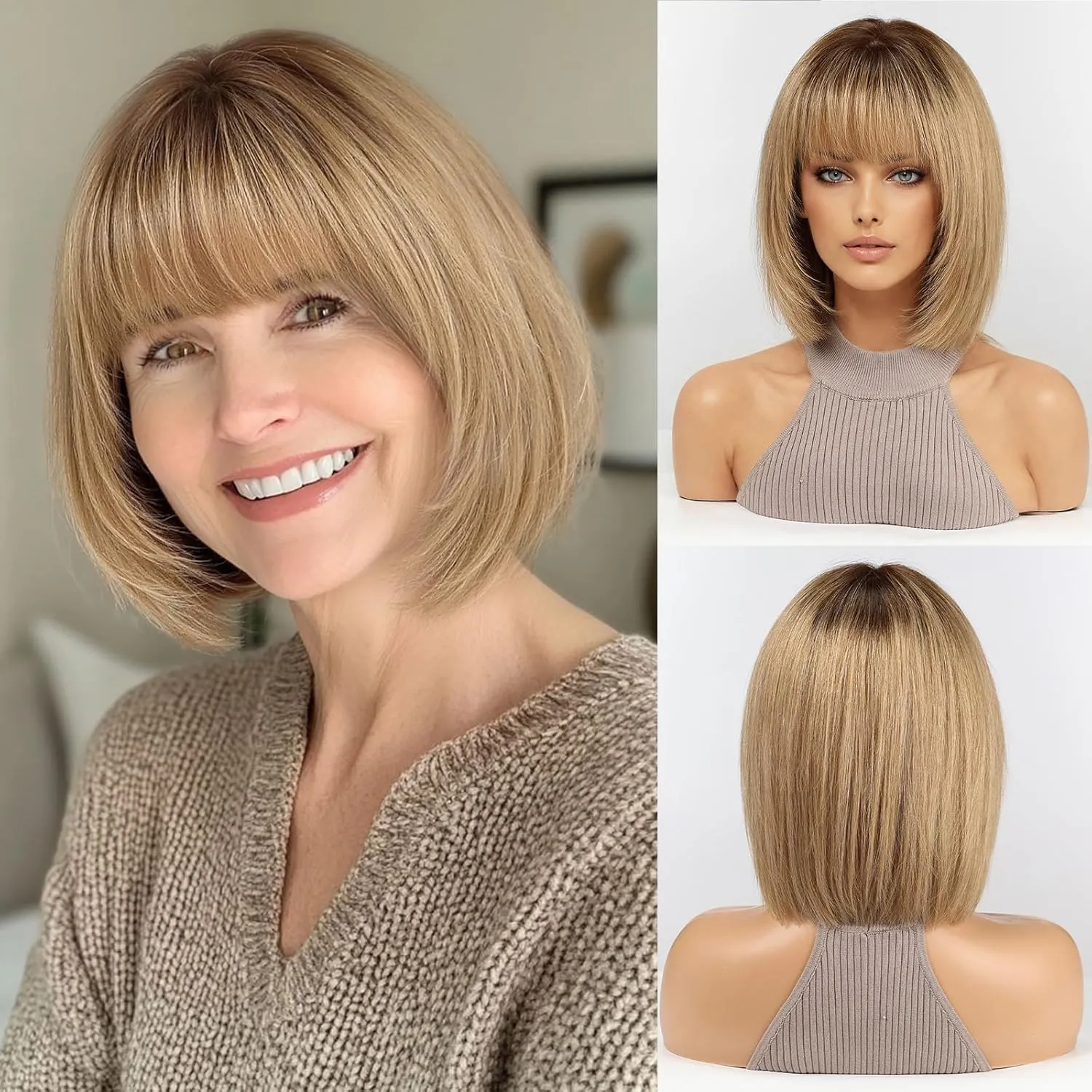 RSY Ombre Ash Blonde Bob Wigs for Women, Shoulder Length Human Hair Wig with Bangs