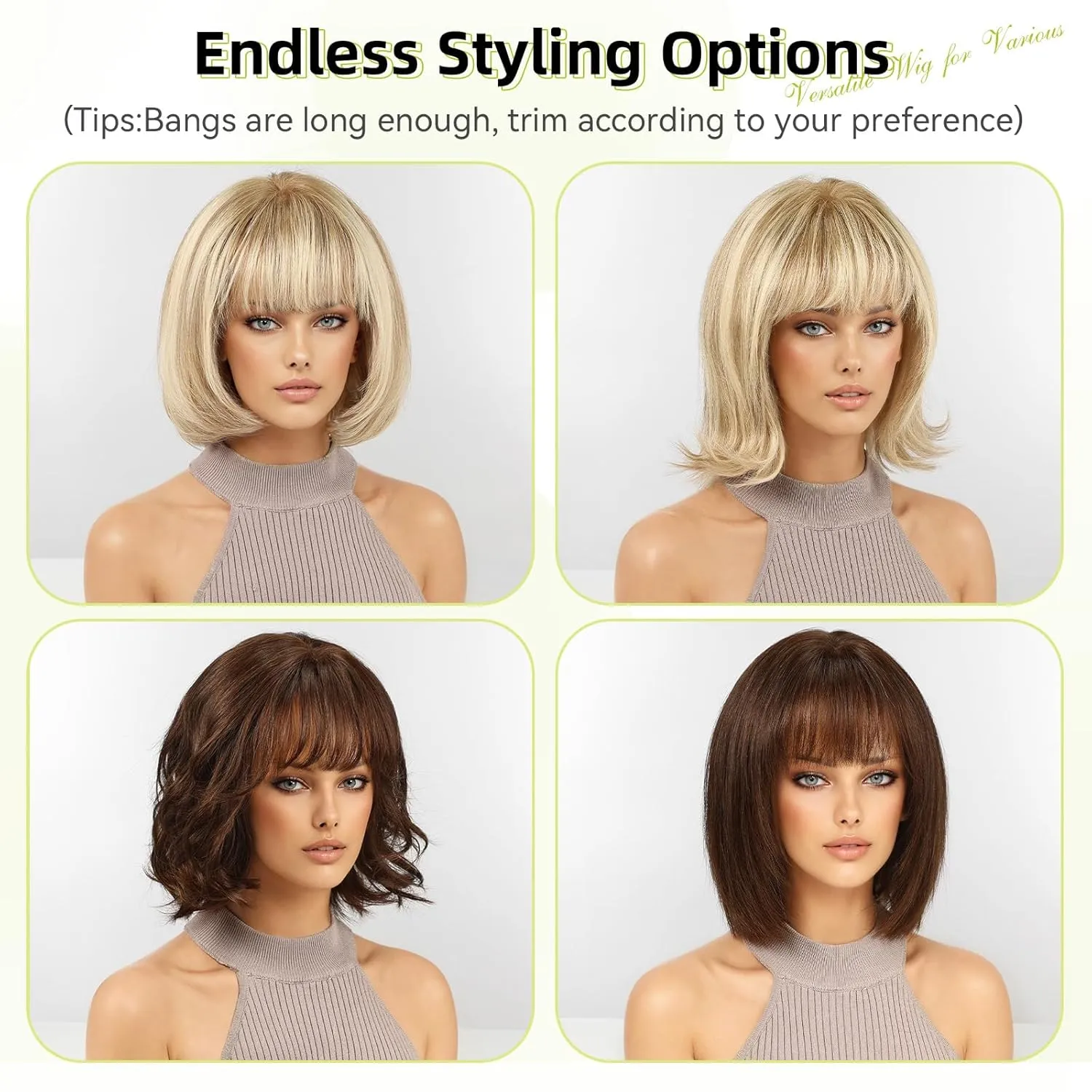 RSY Ombre Ash Blonde Bob Wigs for Women, Shoulder Length Human Hair Wig with Bangs