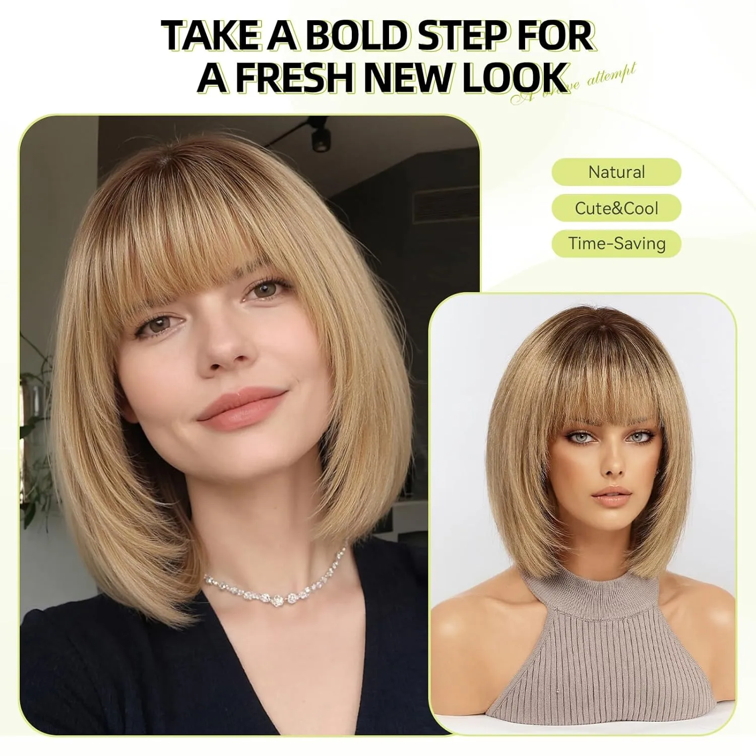 RSY Ombre Ash Blonde Bob Wigs for Women, Shoulder Length Human Hair Wig with Bangs
