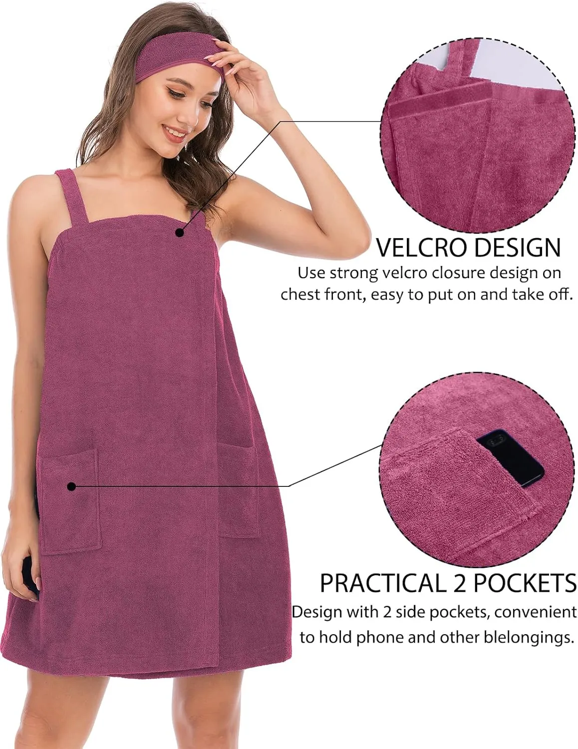 Rubehoow Robe Women's Towel Wrap Bathrobe with Adjustable Velcro Closure with Pockets & Facial Hairband