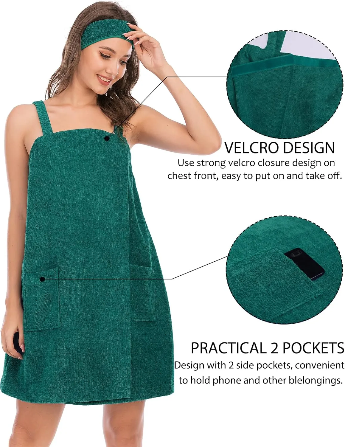 Rubehoow Robe Women's Towel Wrap Bathrobe with Adjustable Velcro Closure with Pockets & Facial Hairband