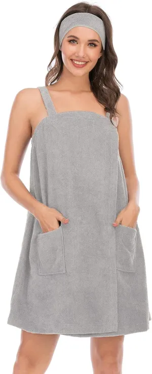Rubehoow Robe Women's Towel Wrap Bathrobe with Adjustable Velcro Closure with Pockets & Facial Hairband