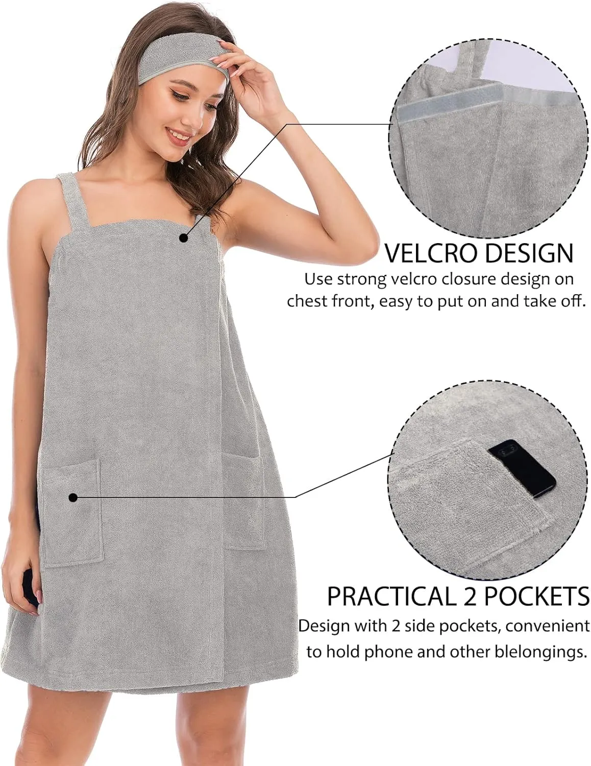 Rubehoow Robe Women's Towel Wrap Bathrobe with Adjustable Velcro Closure with Pockets & Facial Hairband