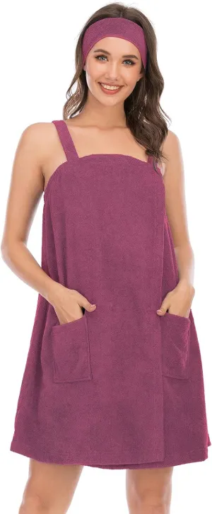 Rubehoow Robe Women's Towel Wrap Bathrobe with Adjustable Velcro Closure with Pockets & Facial Hairband