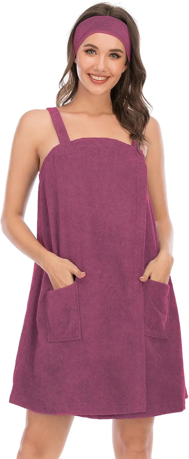 Rubehoow Robe Women's Towel Wrap Bathrobe with Adjustable Velcro Closure with Pockets & Facial Hairband