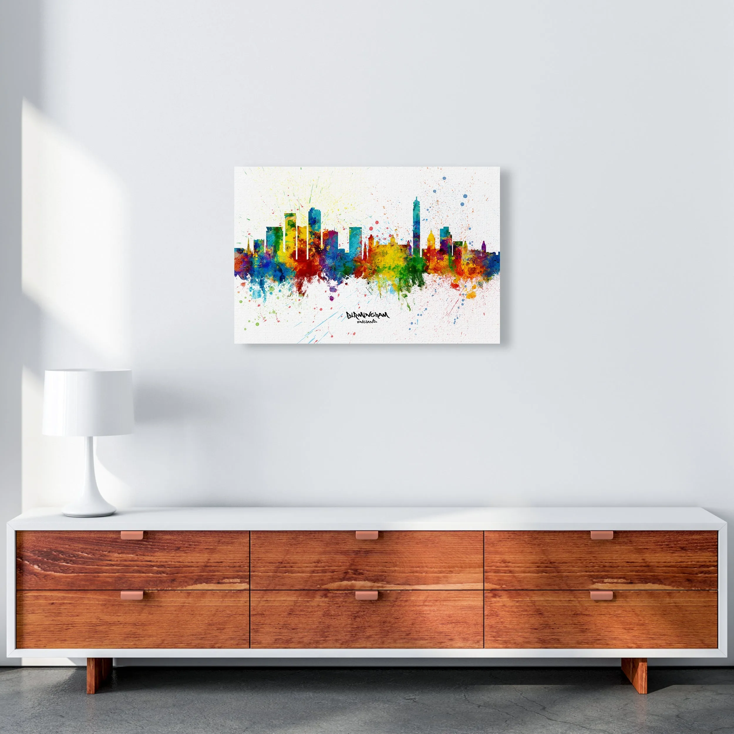 Rynx | Birmingham England Skyline Splash Art Print by Michael Tompsett