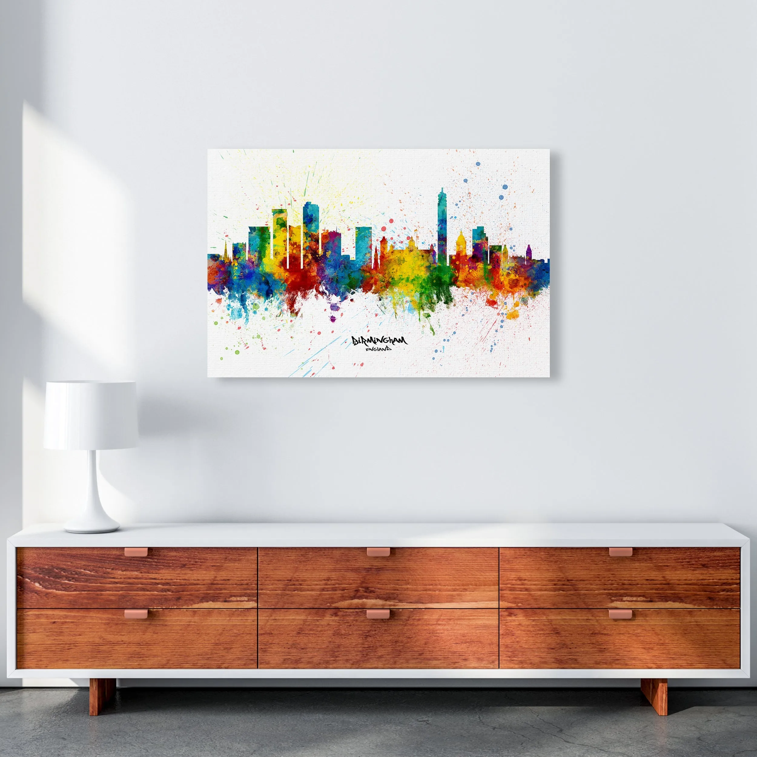 Rynx | Birmingham England Skyline Splash Art Print by Michael Tompsett