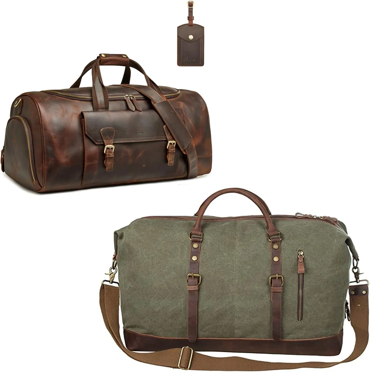 S-ZONE Duffle Bag for Men Travel with Genuine Leather Duffel Bags For Traveling