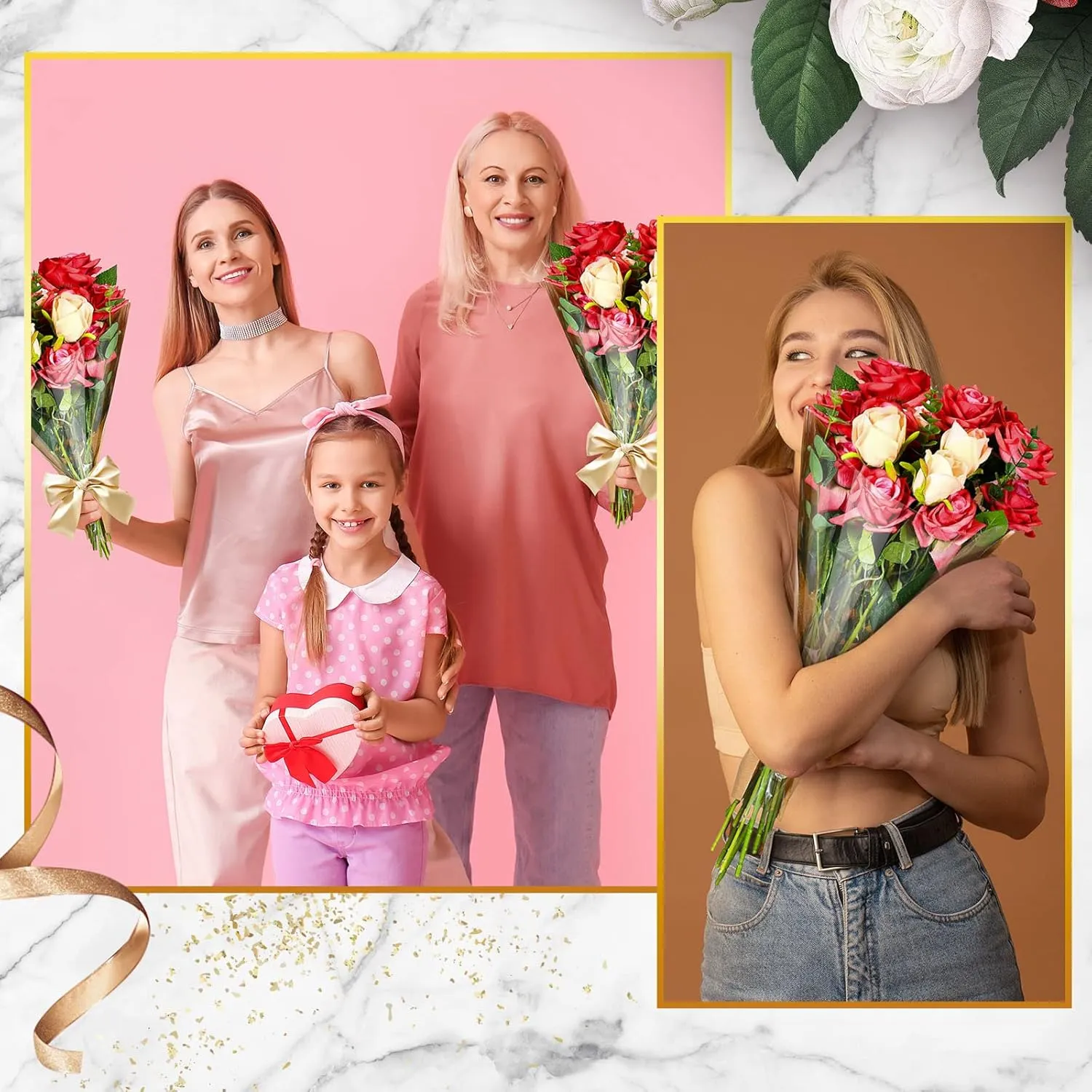 Sabary 100 Pcs Flower Bouquet Wrapping Paper Flower Rose Sleeves Bulk Floral Bags for Valentine‘s Day Bridal Shower Wedding Anniversary Birthday Mother's Day(15.8 x 13.8)