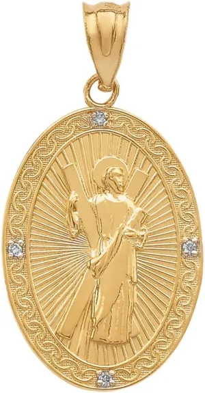 Saint Collection 14k Gold St. Andrew the Apostle Diamond Oval Medal Charm Pendant (Medium)