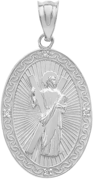 Saint Collection 14k White Gold St. Andrew the Apostle Diamond Oval Medal Charm Pendant (Medium)