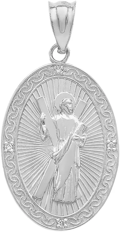 Saint Collection 14k White Gold St. Andrew the Apostle Diamond Oval Medal Charm Pendant (Medium)