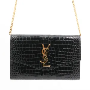Saint Laurent Croc Leather Cassandre Envelope in Black GHW