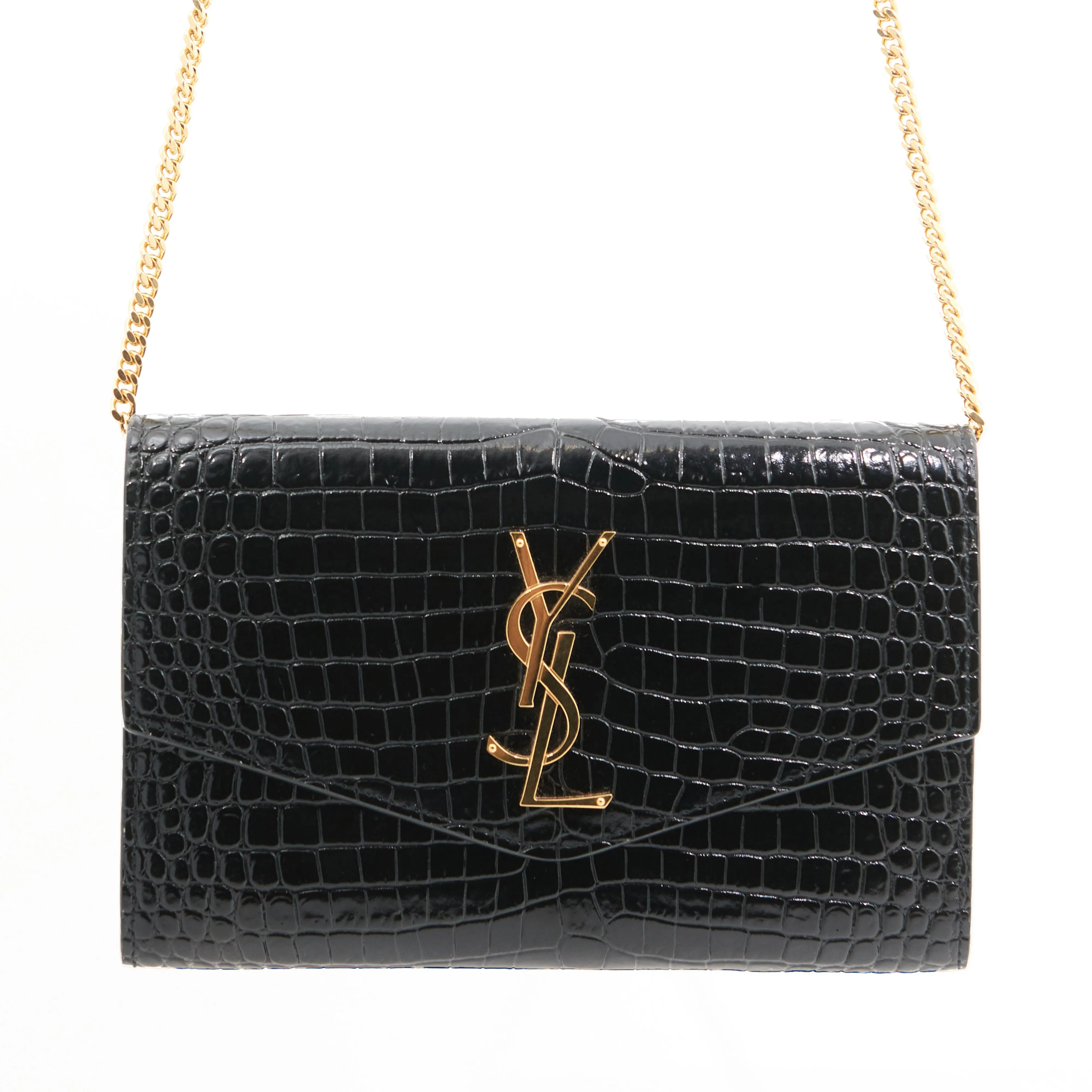 Saint Laurent Croc Leather Cassandre Envelope in Black GHW