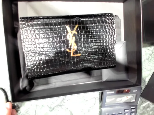 Saint Laurent Croc Leather Cassandre Envelope in Black GHW