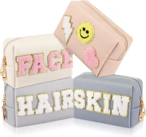 Sanwuta 4 Pcs Hair Face Skin Travel Bag Set Preppy Makeup Pouch PU Leather Skincare Bag Waterproof Cosmetic Organizer Birthday Christmas Gifts(Beige, Pink, Gray, Blue Gray,Fresh Style)