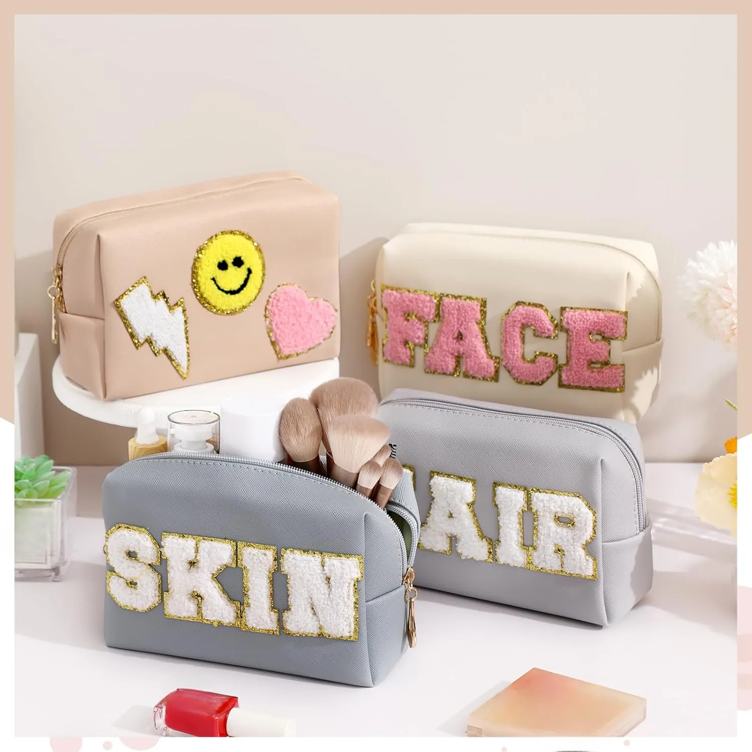 Sanwuta 4 Pcs Hair Face Skin Travel Bag Set Preppy Makeup Pouch PU Leather Skincare Bag Waterproof Cosmetic Organizer Birthday Christmas Gifts(Beige, Pink, Gray, Blue Gray,Fresh Style)