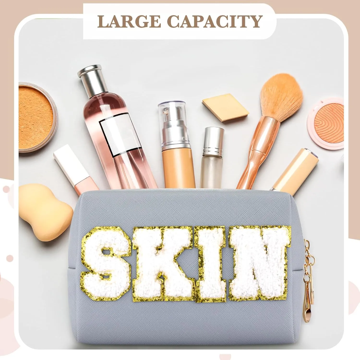 Sanwuta 4 Pcs Hair Face Skin Travel Bag Set Preppy Makeup Pouch PU Leather Skincare Bag Waterproof Cosmetic Organizer Birthday Christmas Gifts(Beige, Pink, Gray, Blue Gray,Fresh Style)