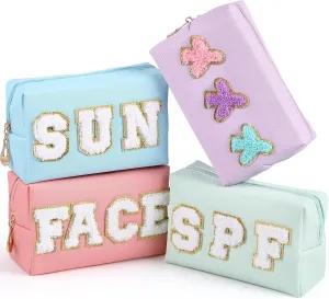 Sanwuta 4 Pcs Hair Face Skin Travel Bag Set Preppy Makeup Pouch PU Leather Skincare Bag Waterproof Cosmetic Organizer Birthday Christmas Gifts(Pink, Mint Green, Blue, Purple,Fresh Style)