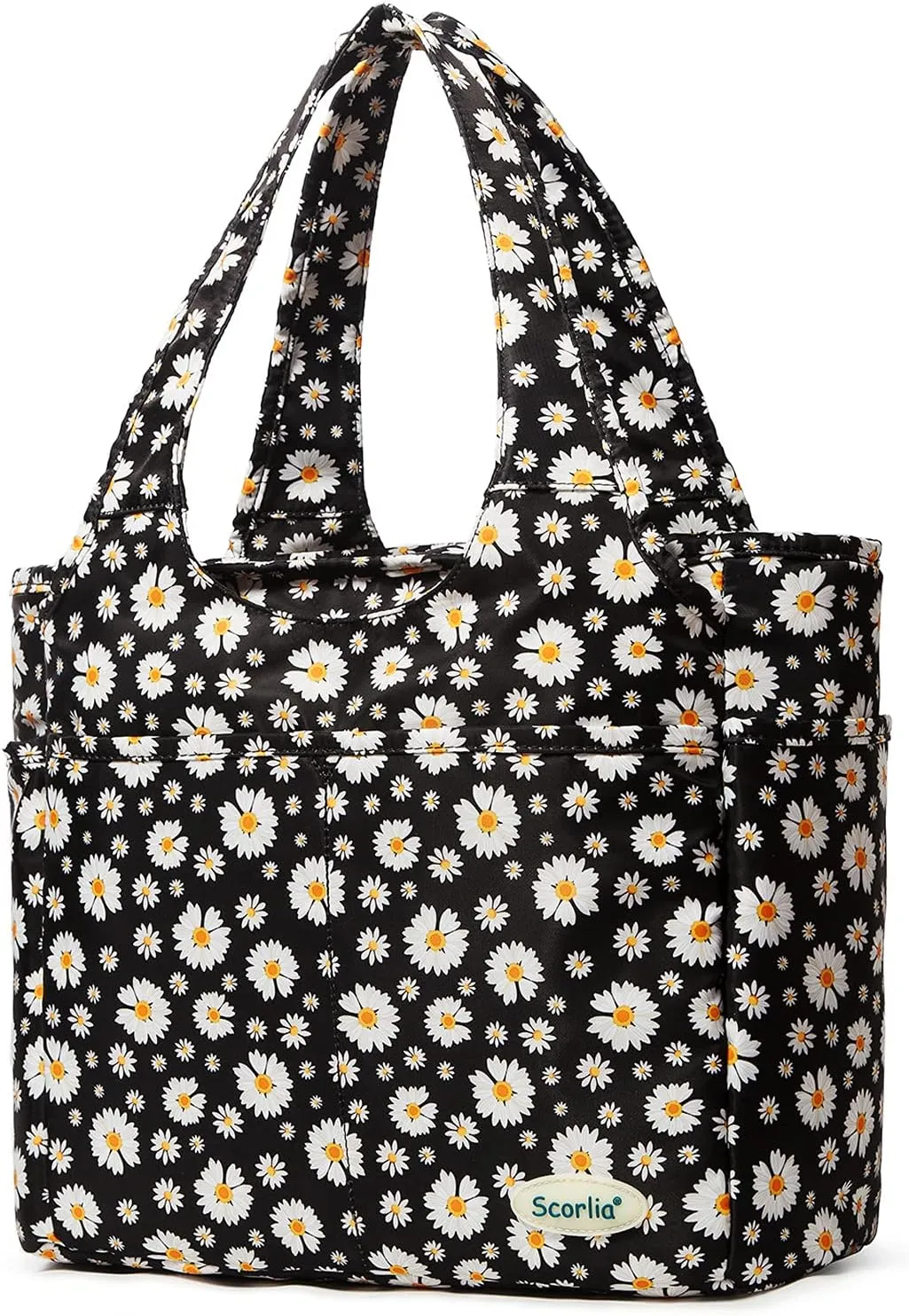Scorlia Insulated Shoulder Bag, Extra Large Lunch Tote Handbag, Durable Reusable Cooler Ladies Lunch Box Bag with Side Pockets, Tall Drinks Holder for Women Men Work, Black with White Flower