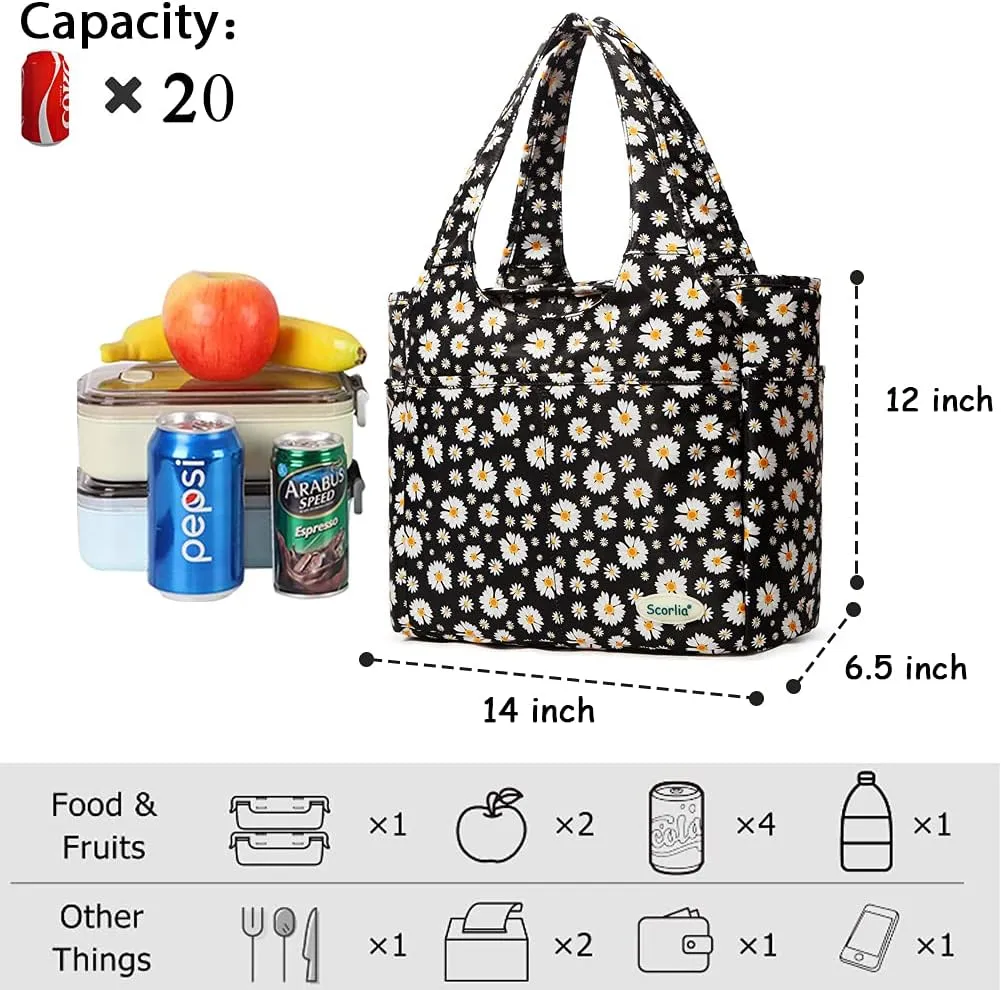 Scorlia Insulated Shoulder Bag, Extra Large Lunch Tote Handbag, Durable Reusable Cooler Ladies Lunch Box Bag with Side Pockets, Tall Drinks Holder for Women Men Work, Black with White Flower