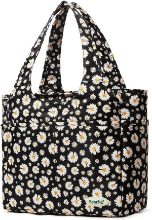 Scorlia Insulated Shoulder Bag, Extra Large Lunch Tote Handbag, Durable Reusable Cooler Ladies Lunch Box Bag with Side Pockets, Tall Drinks Holder for Women Men Work, Black with White Flower