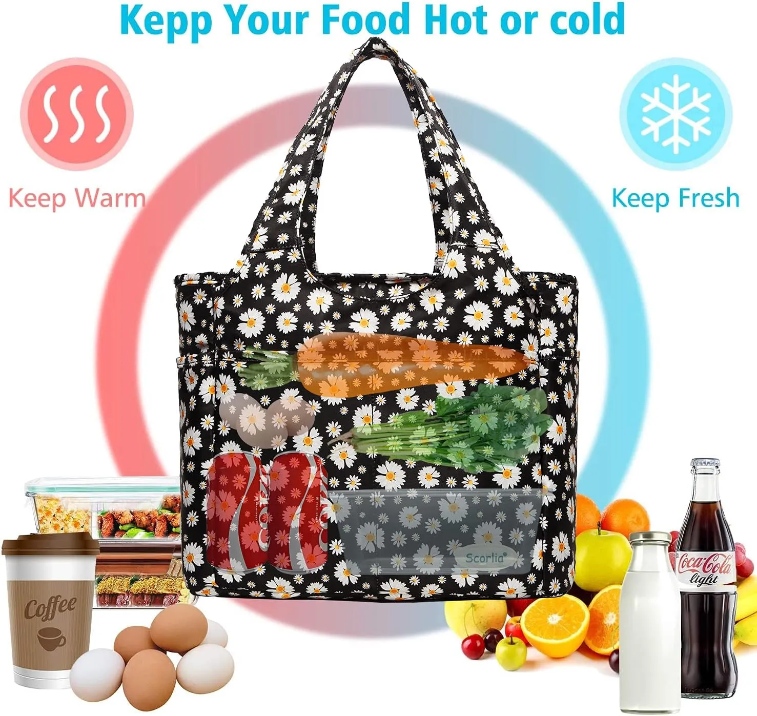 Scorlia Insulated Shoulder Bag, Extra Large Lunch Tote Handbag, Durable Reusable Cooler Ladies Lunch Box Bag with Side Pockets, Tall Drinks Holder for Women Men Work, Black with White Flower
