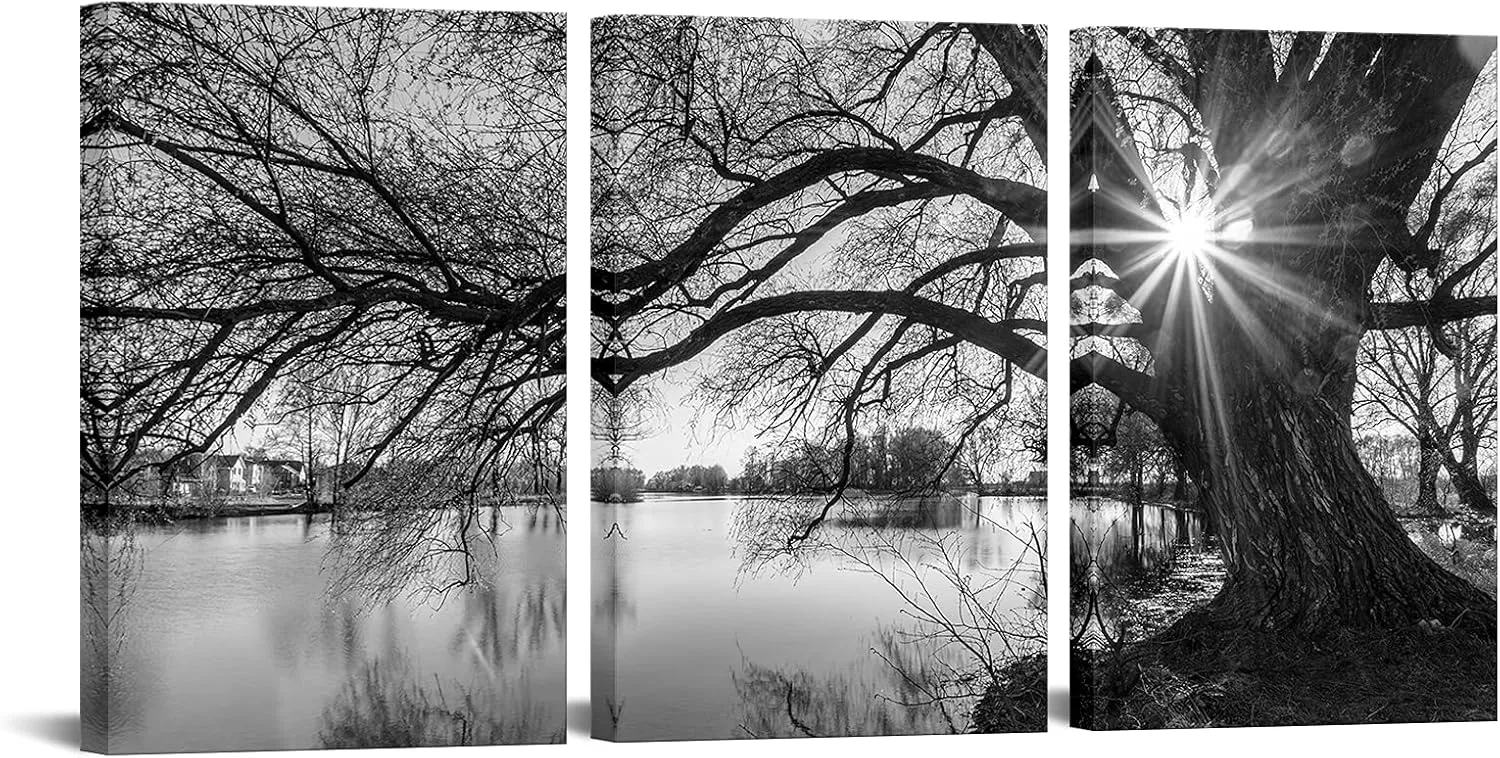sechars - Canvas Prints Wall Art Black and White Tree in Sunrise Canvas Wall Art Lake Landscape Picture Giclee Print on Canvas Framed and Ready to Hang Modern Home Ofiice Wall Decor - 48"x24"overal