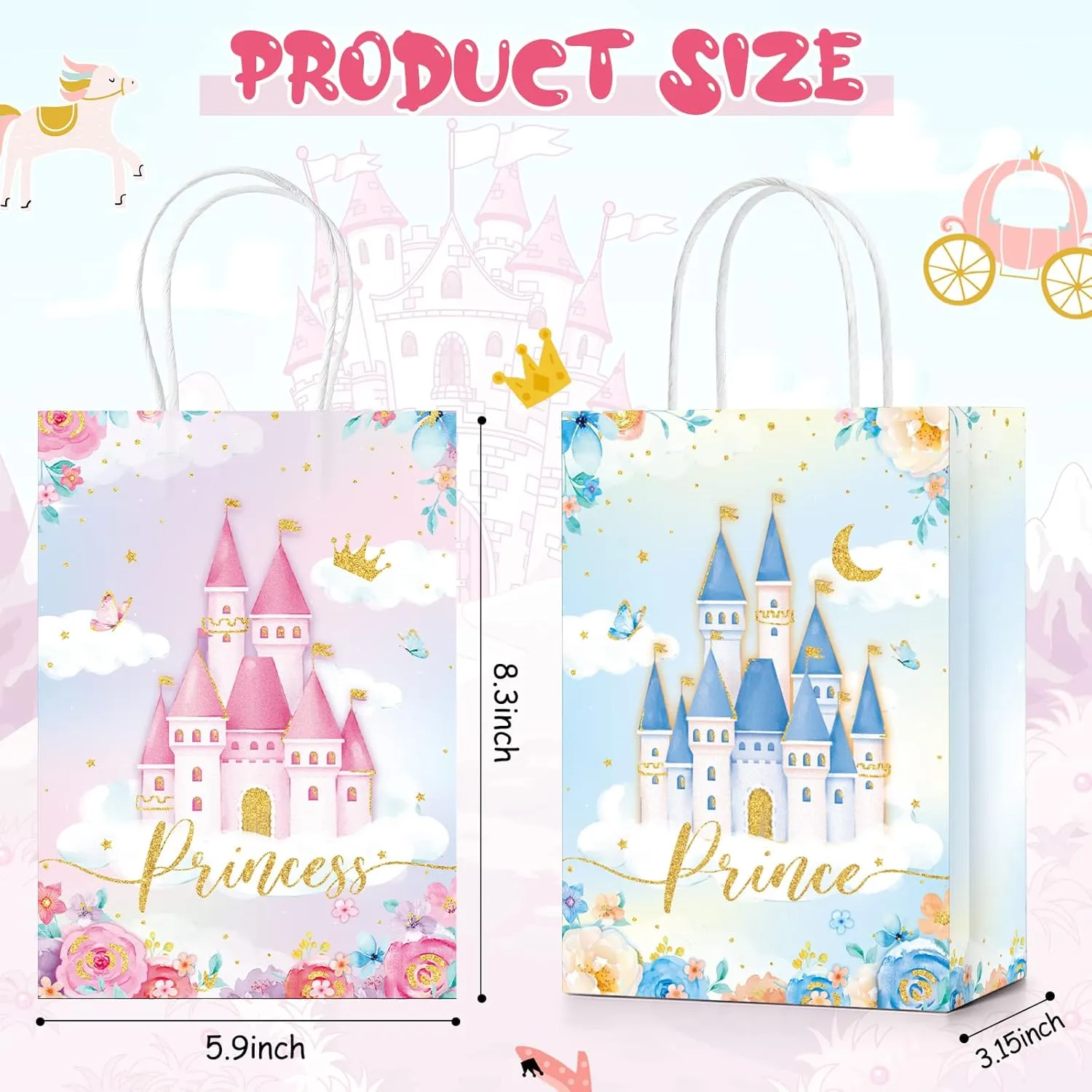 Sepamoon 24 Pcs Princess Prince Party Favor Bags Prince Princess Castle Bags Princess Treat Bags with Handles Candy Goodie Bags for Gender Reveal Party Baby Shower Wedding Supplies