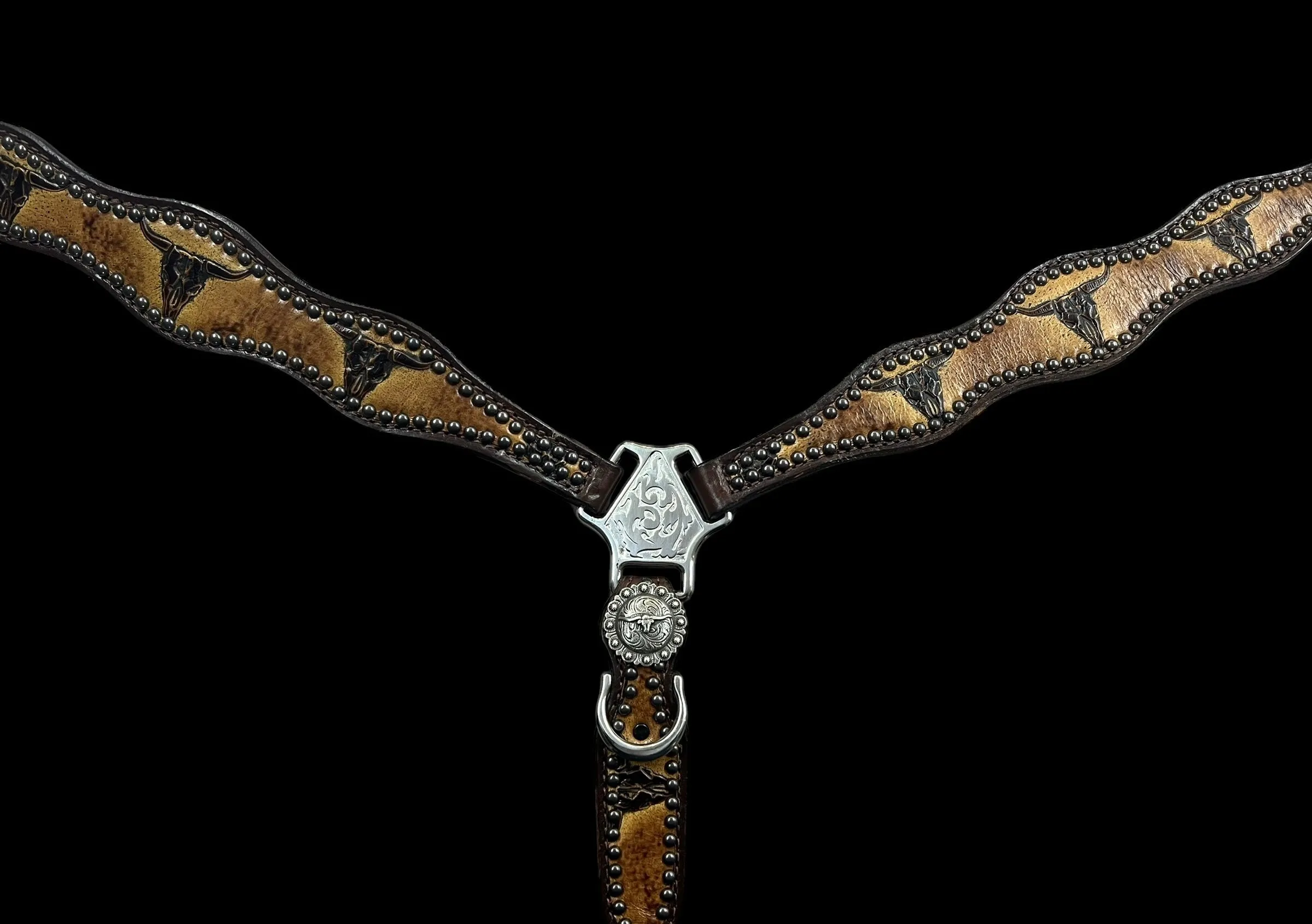 Sepia Longhorns on dark harness leather