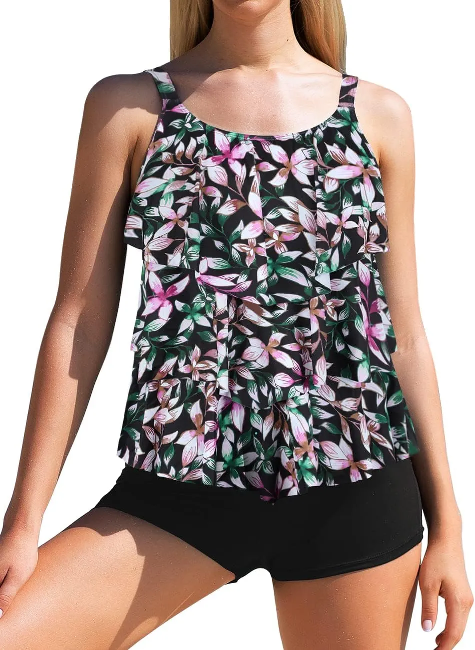 Septangle Women's Tankini Swimsuit Two Pieces Set Ruffle Swimwear Bathingsuit with Boyshort