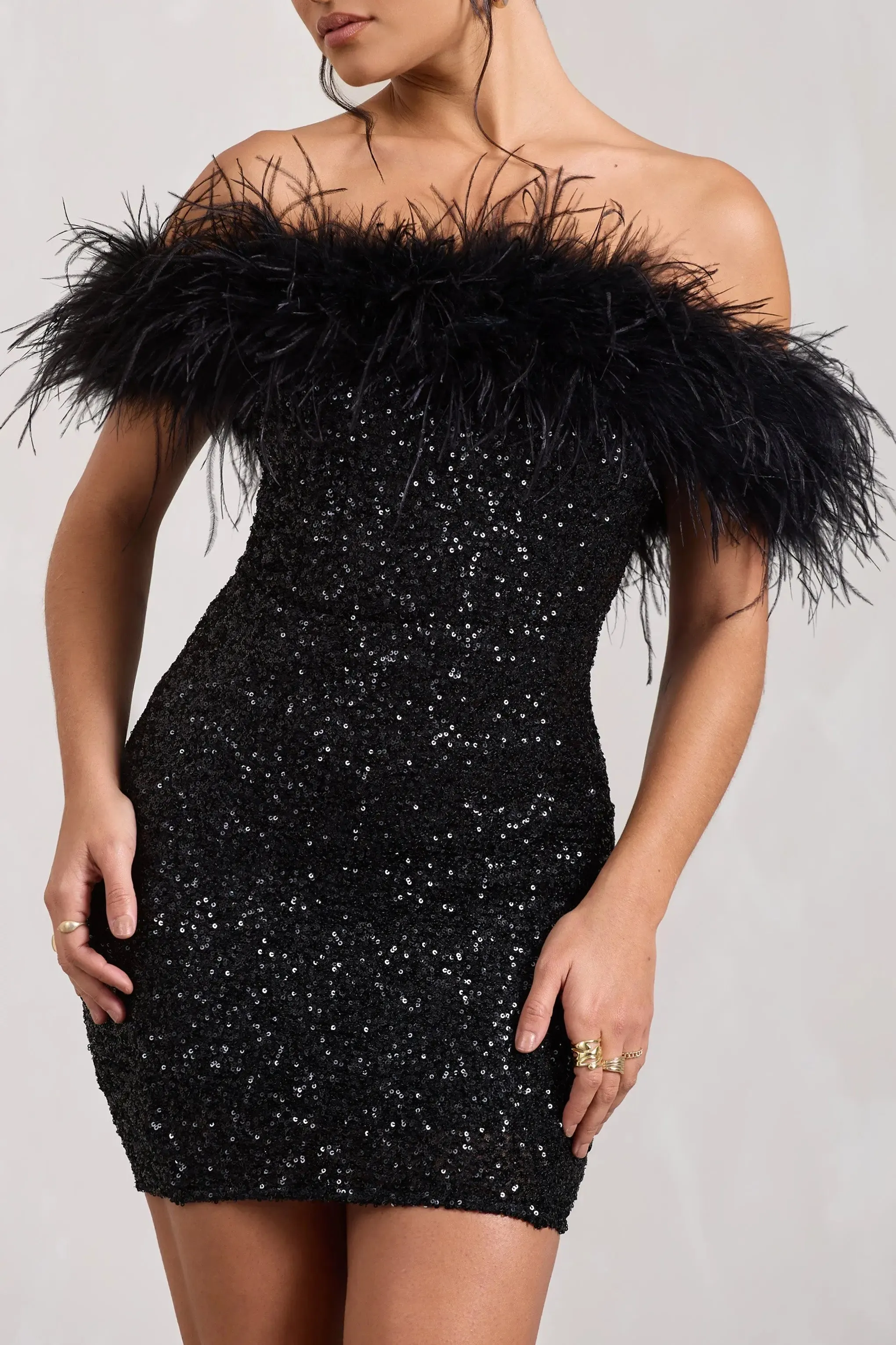 Sequin Mini Dress with Feather Trim