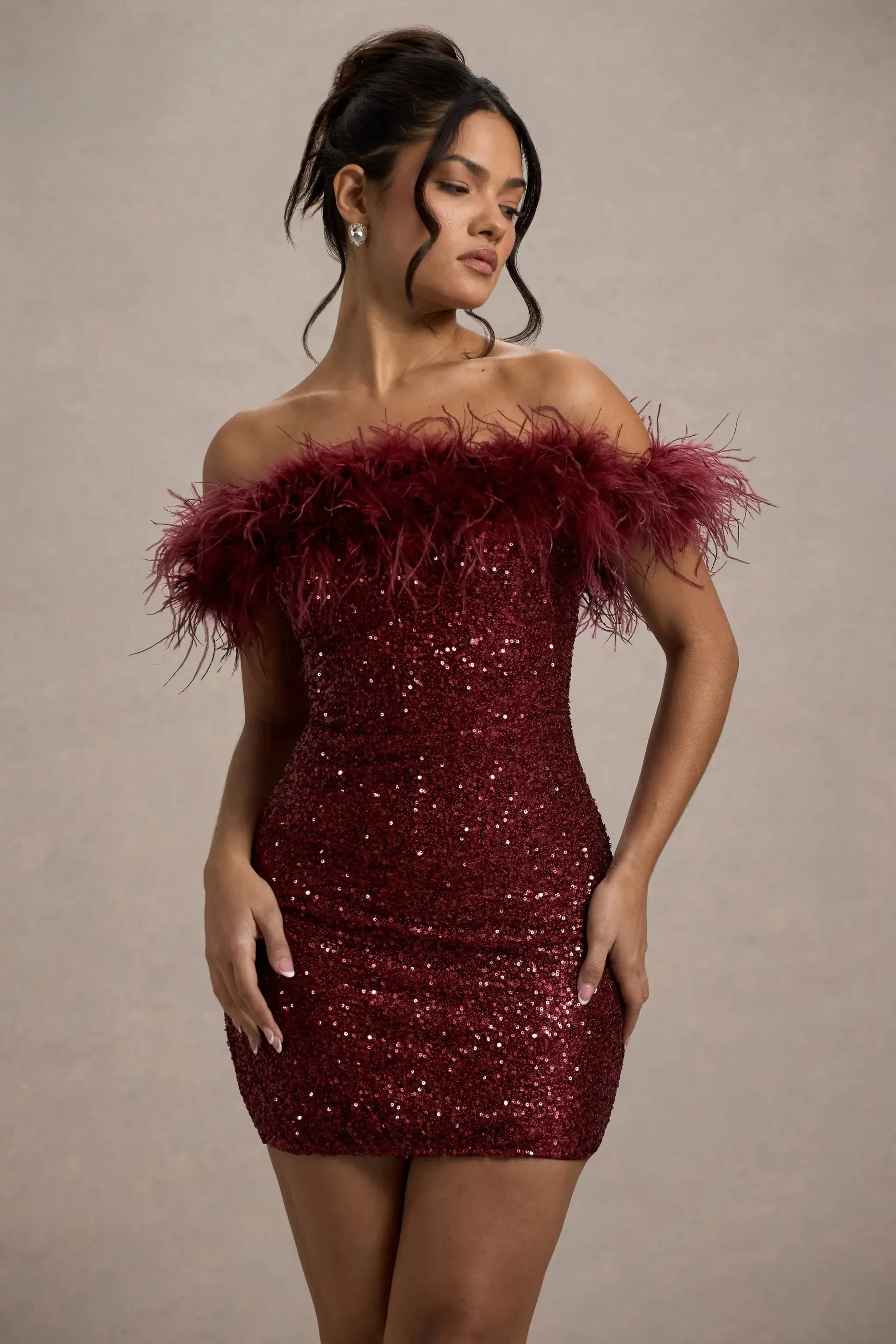 Sequin Mini Dress with Feather Trim