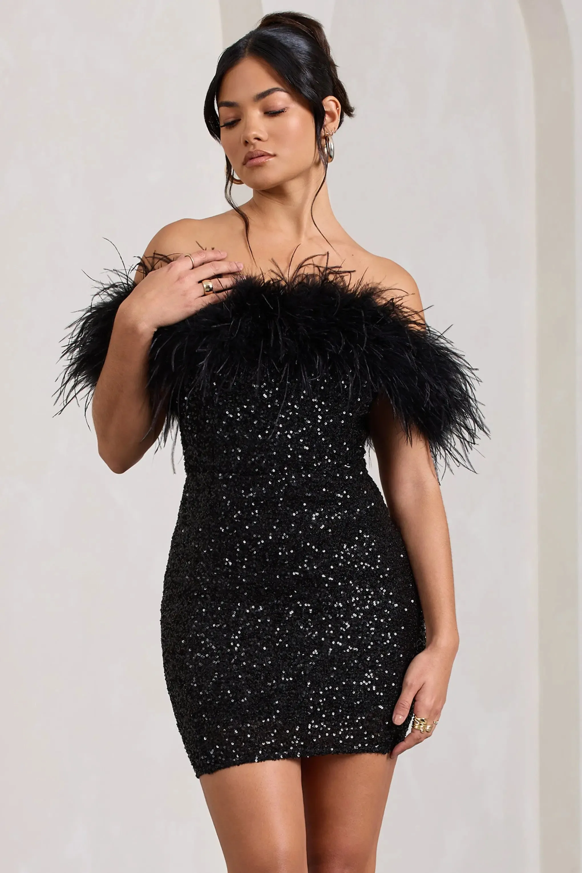 Sequin Mini Dress with Feather Trim