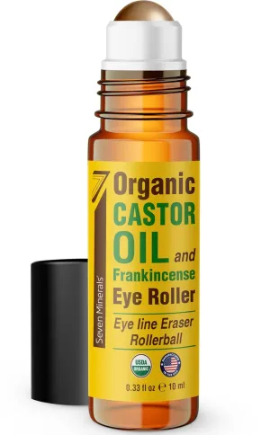 Seven Minerals Organic Castor Oil Roll On Eye Roller for Under Eye Bags, Dark Circles & Wrinkles - Organic Blend of Castor Oil And Frankincense - Brightens, and Revitalizes Skin & Face - 0.33 fl oz