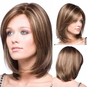 SEVENCOLORS Short Brown Mixed Blonde Bob Wigs for White Women Shoulder Length Synthetic Hair Wigs with Side Bangs Straight Blonde Highlights Women’s Bob Wig