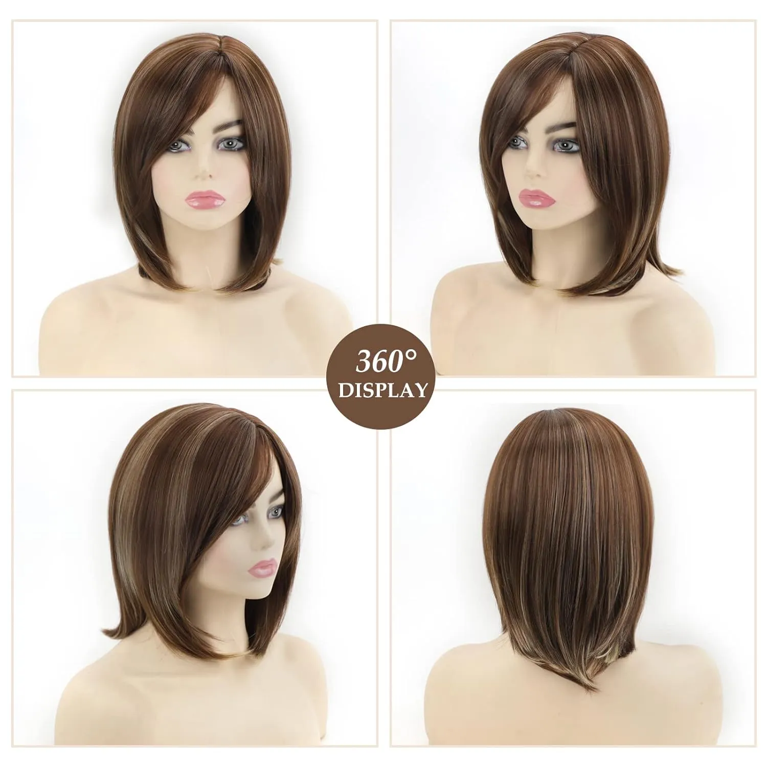 SEVENCOLORS Short Brown Mixed Blonde Bob Wigs for White Women Shoulder Length Synthetic Hair Wigs with Side Bangs Straight Blonde Highlights Women’s Bob Wig