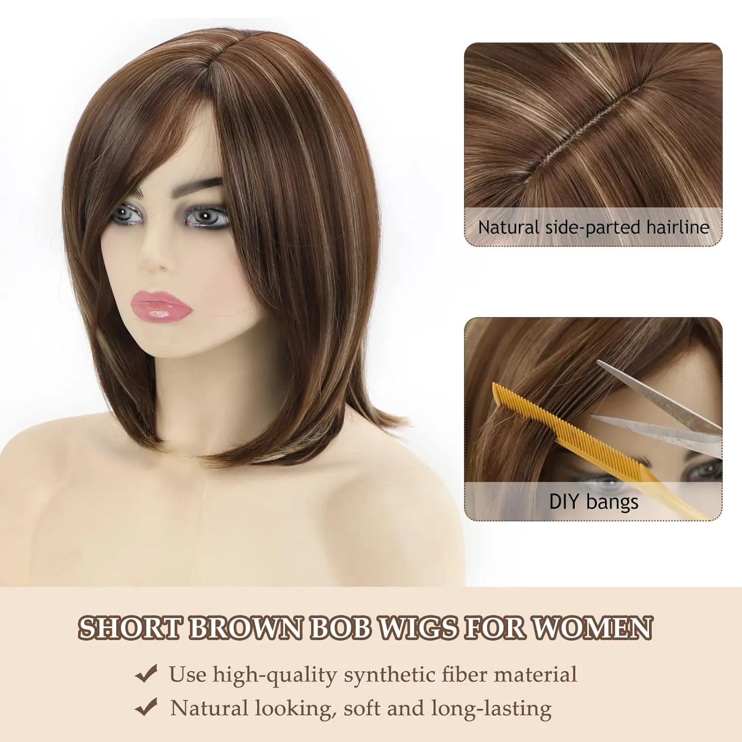 SEVENCOLORS Short Brown Mixed Blonde Bob Wigs for White Women Shoulder Length Synthetic Hair Wigs with Side Bangs Straight Blonde Highlights Women’s Bob Wig