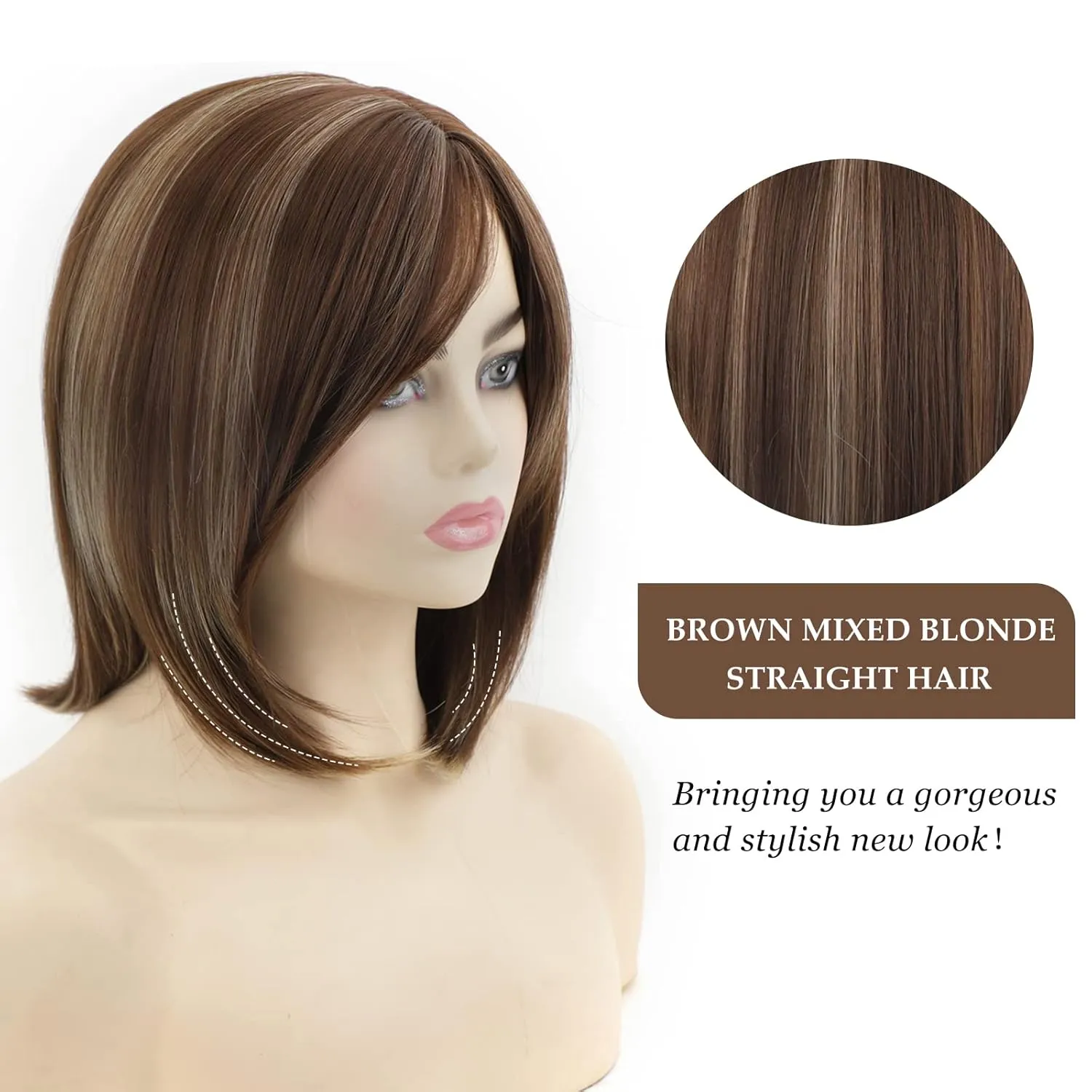 SEVENCOLORS Short Brown Mixed Blonde Bob Wigs for White Women Shoulder Length Synthetic Hair Wigs with Side Bangs Straight Blonde Highlights Women’s Bob Wig