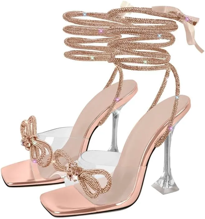 sexytag Gold Clear Bow Heels Diamante Lace Up Strap Sparkly Rhinestone Stiletto Heel Sandals Crystal Diamond Embellished Open Toe Strappy High Heels Gold Size 11