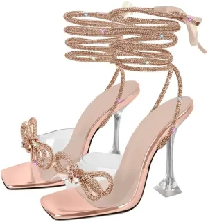 sexytag Gold Clear Bow Heels Diamante Lace Up Strap Sparkly Rhinestone Stiletto Heel Sandals Crystal Diamond Embellished Open Toe Strappy High Heels Gold Size 11