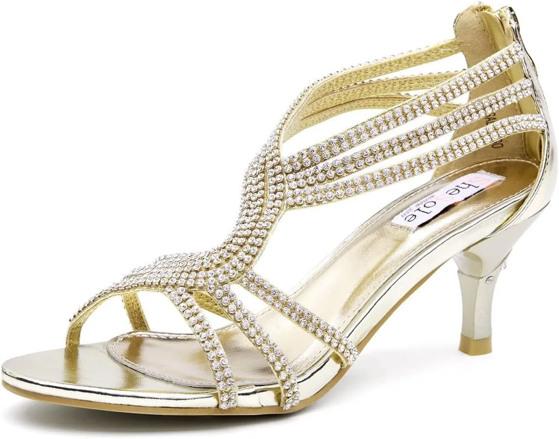 SheSole Women's Low Heel Dance Wedding Sandals Strappy Dress Shoes Silver Gold Heel