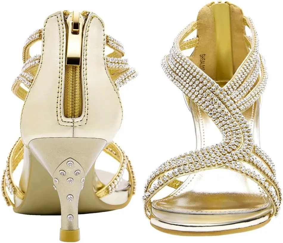 SheSole Women's Low Heel Dance Wedding Sandals Strappy Dress Shoes Silver Gold Heel