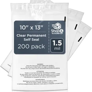 Shop4Mailers 10x13 Clear Poly Bag with Suffocation Warning – Self-Seal Adhesive, 1.5 Mil Clear Bag for FBA, Packaging Bags, Clothes Storage, & Shipping Bags – Permanent Seal Poly Mailers (Pack of 200)