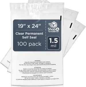 Shop4Mailers 19x24 Clear Poly Bag with Suffocation Warning – Self-Seal Adhesive, 1.5 Mil Clear Bag for FBA, Packaging Bags, Clothes Storage, & Shipping Bags – Permanent Seal Poly Mailers (Pack of 100)