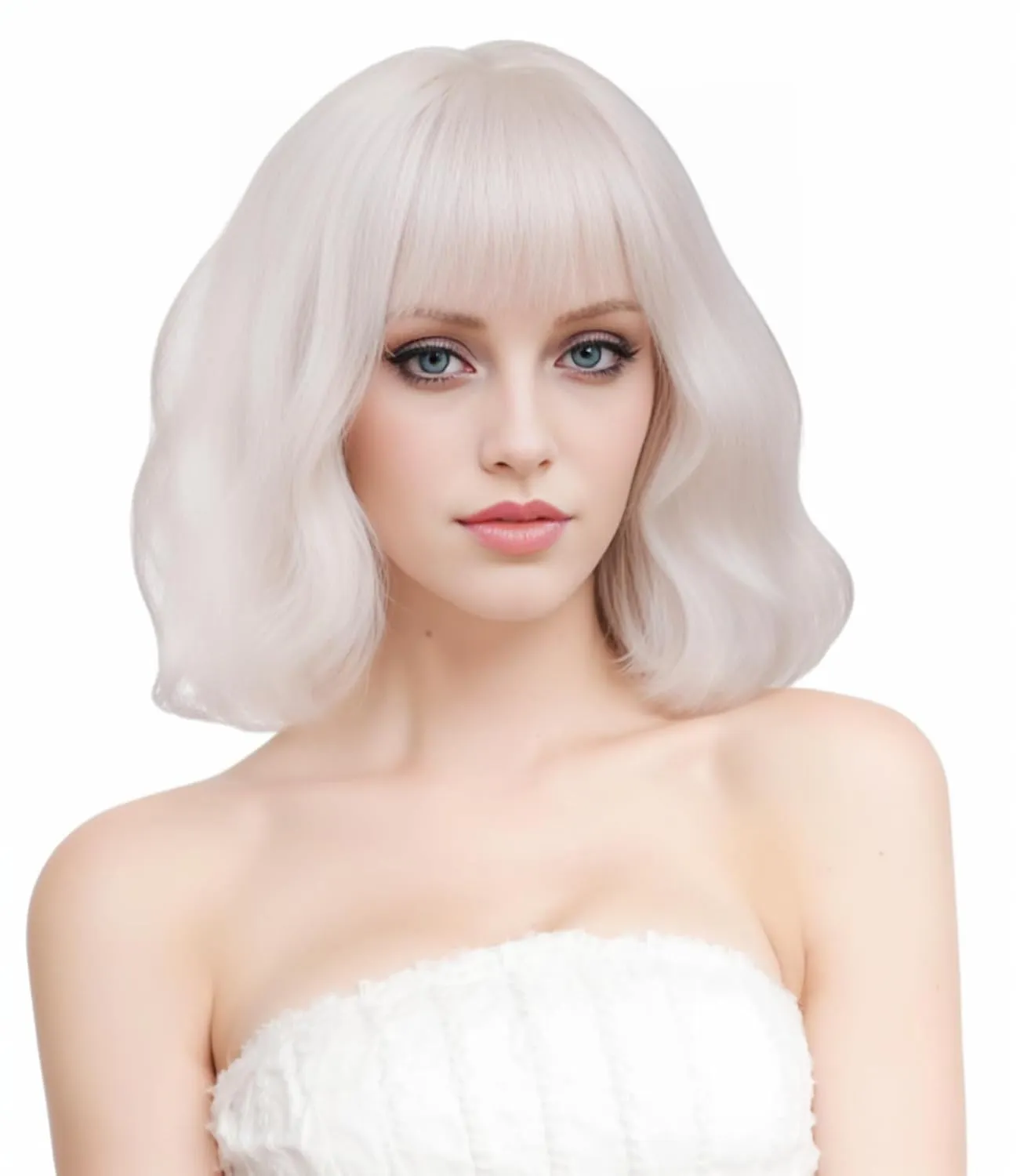 Short Platinum Blonde Bob Wig for Women Wavy Creamy Champaign White Wig with Bangs Shoulder Length Synthetic Costume Wig for Halloween,Cosplay,Daily Use